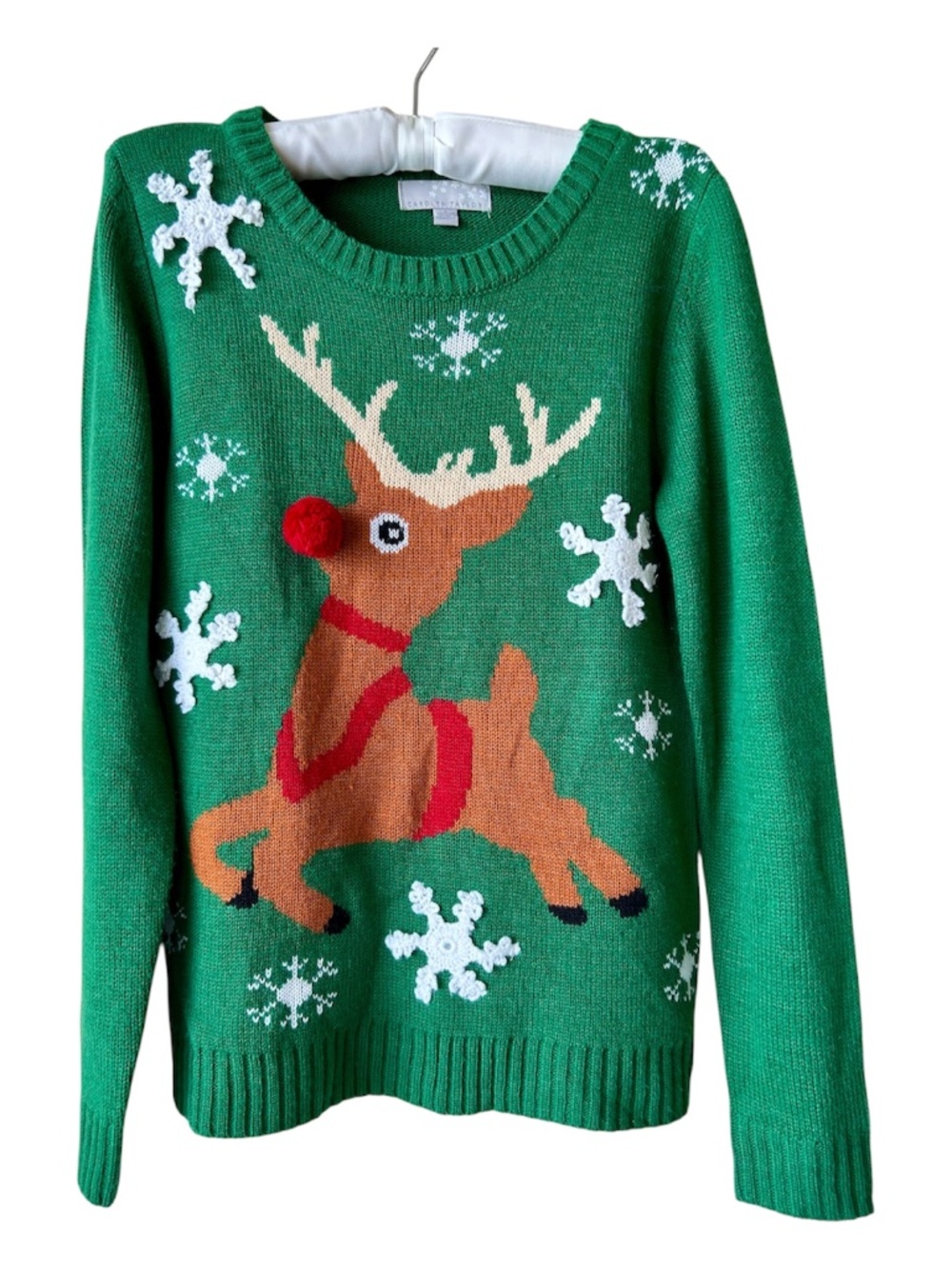 Reindeer Holiday Sweater Green Brown Red White Snowflake Long Sleeve Crew Small